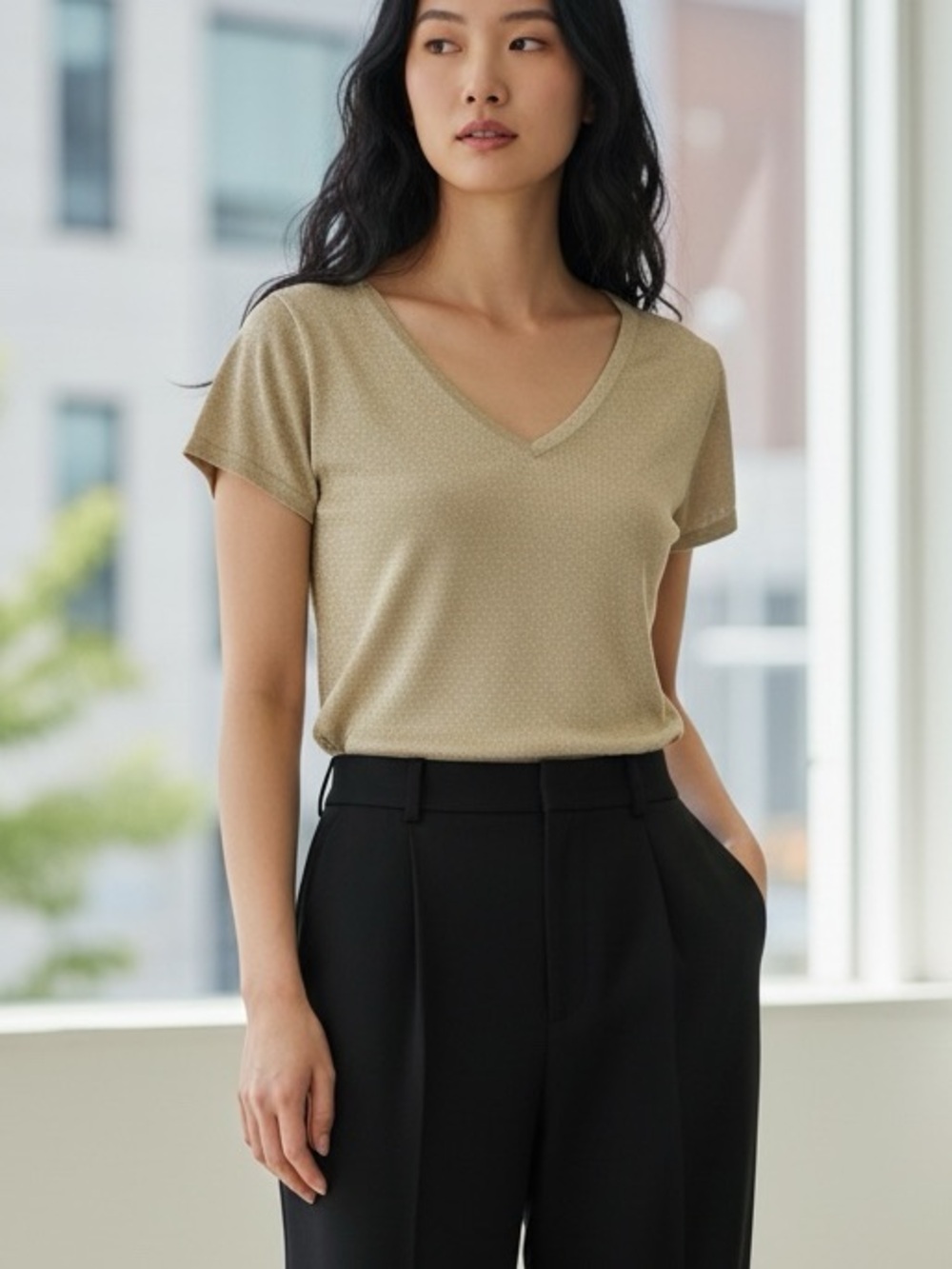 Madison Studio Beige Metallic V-Neck Silk Blend Top size M